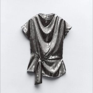 Zara Silver Metallic Draped Blouse Twist Front Shimmer Top NWT Size L